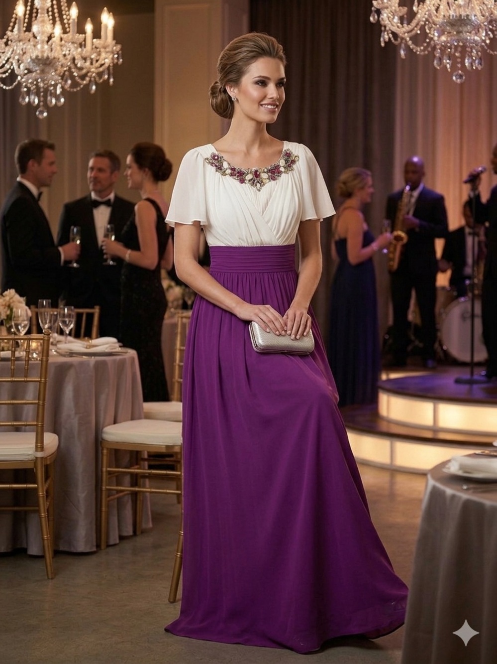 Ivory and Purple Embellished Evening Gown